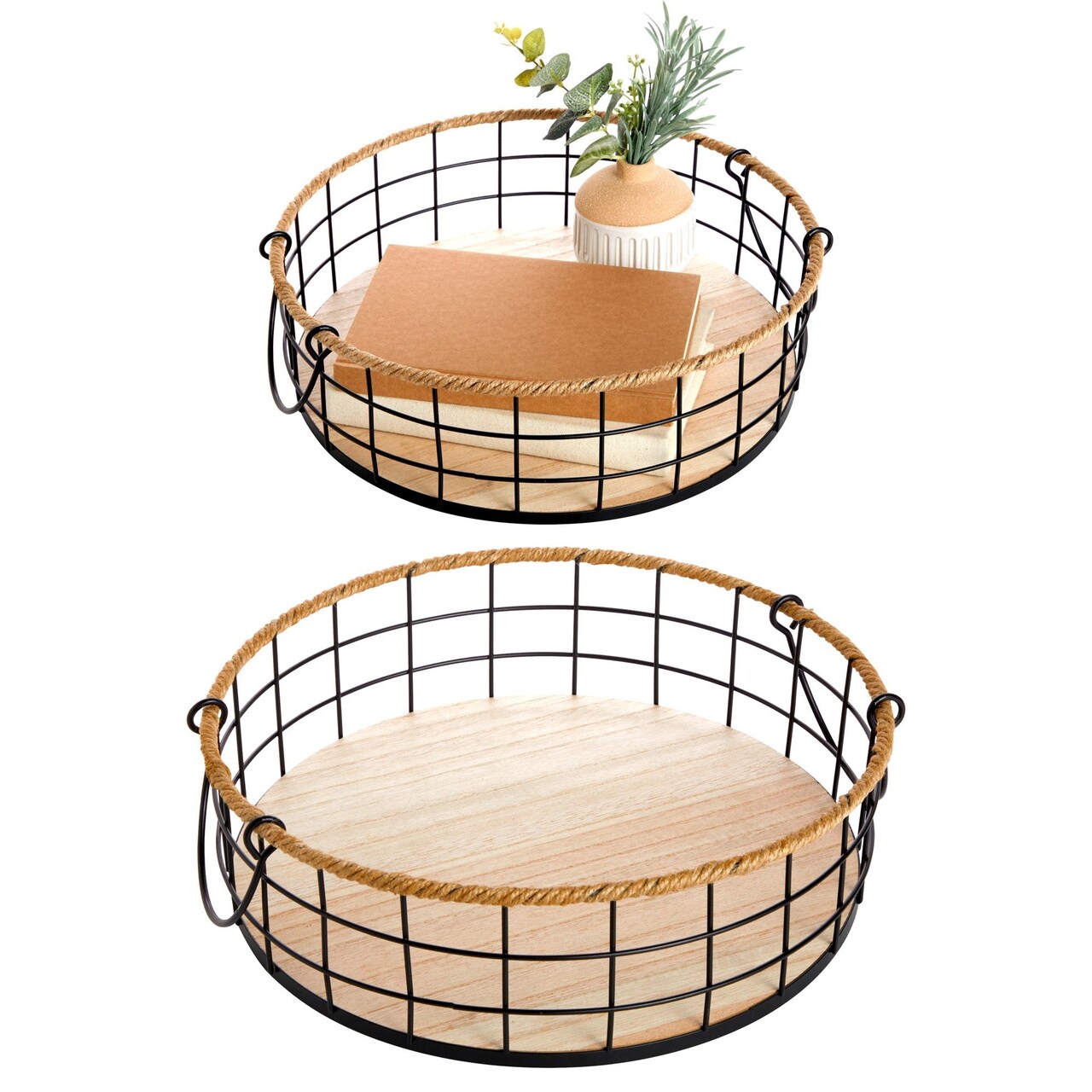 2 Pack Round Wire Baskets with Handles, Metal Storage Trays for Home Decor (2 Sizes)